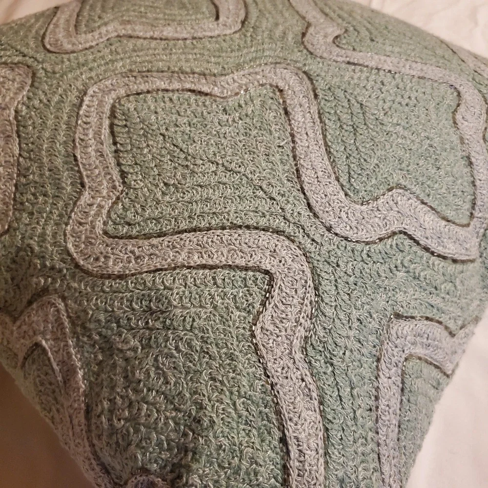 Pottery Barn Sage Green Beaded Embroidered 2 Throw Pillows Down Fill 20x20